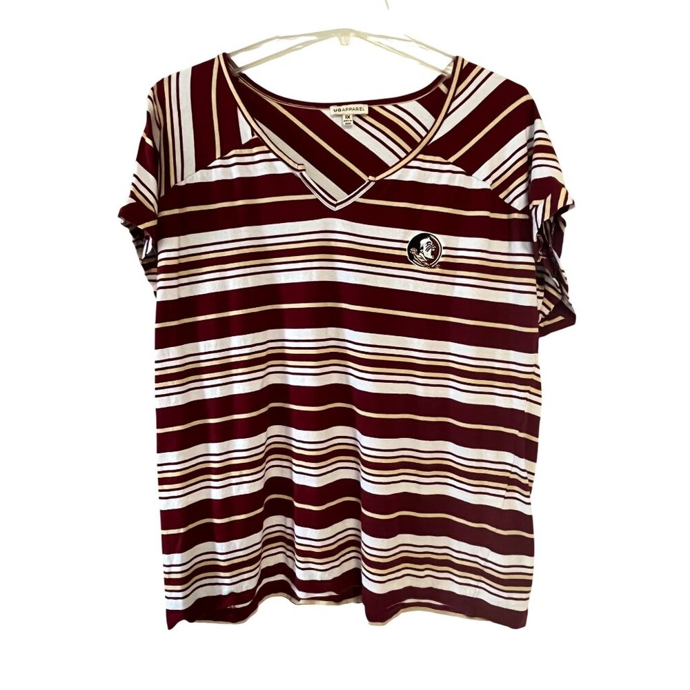 Florida State Seminoles Women’s 1X Striped V-Neck Shirt FSU Logo Cotton Top